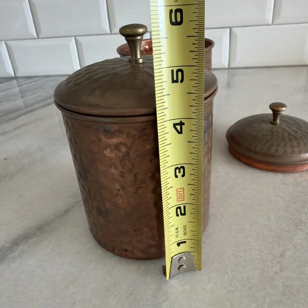 Set Of 2 Vintage Hammered Copper Canisters Brass Pulls GW006